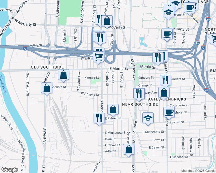 map of restaurants, bars, coffee shops, grocery stores, and more near 1312 Charles Street in Indianapolis