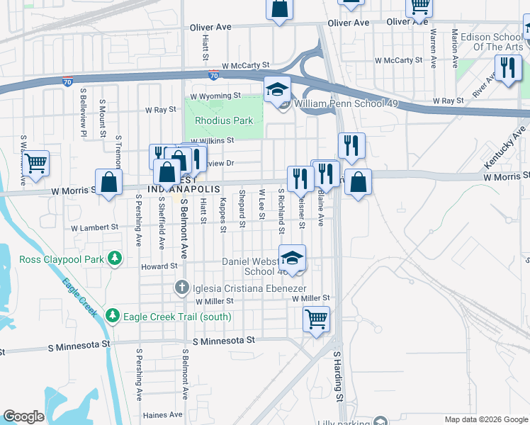 map of restaurants, bars, coffee shops, grocery stores, and more near 1237 West Lee Street in Indianapolis