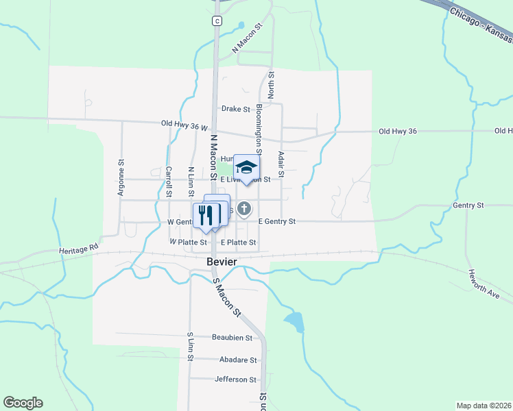map of restaurants, bars, coffee shops, grocery stores, and more near in Bevier
