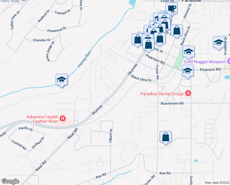 map of restaurants, bars, coffee shops, grocery stores, and more near Skyway Road & Jewell Road in Paradise