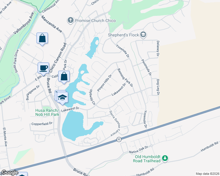 map of restaurants, bars, coffee shops, grocery stores, and more near 4 Stoney Point Way in Chico