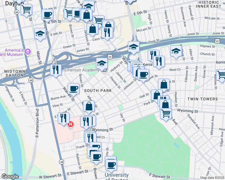 map of restaurants, bars, coffee shops, grocery stores, and more near 46 Bonner Street in Dayton