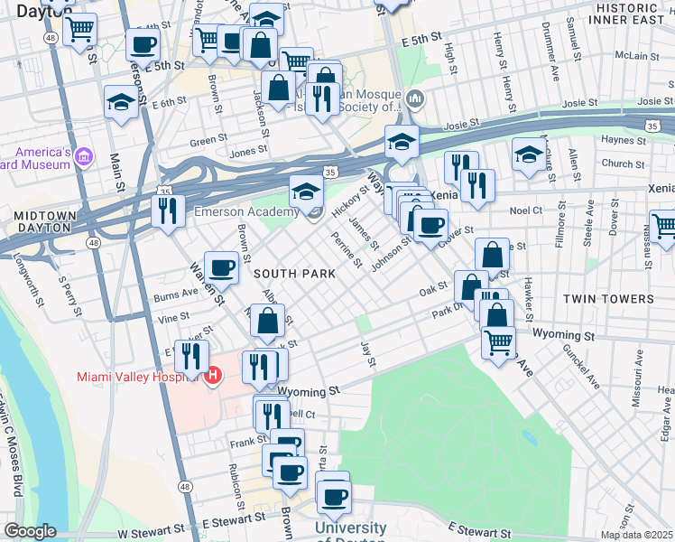map of restaurants, bars, coffee shops, grocery stores, and more near 100 Bonner Street in Dayton