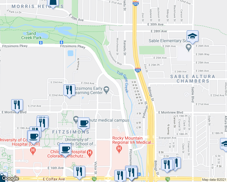 map of restaurants, bars, coffee shops, grocery stores, and more near 13525 East 23rd Avenue in Aurora