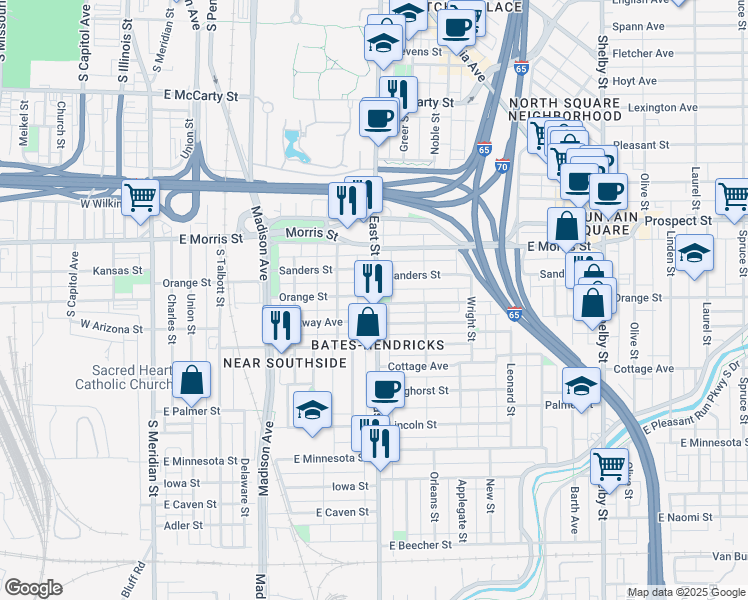 map of restaurants, bars, coffee shops, grocery stores, and more near 1259 South East Street in Indianapolis