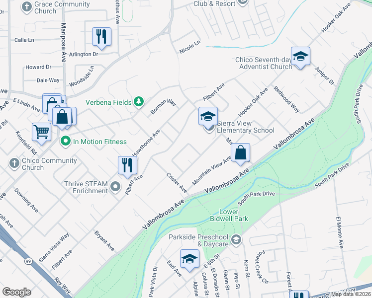 map of restaurants, bars, coffee shops, grocery stores, and more near 57 Saint Francis Drive in Chico