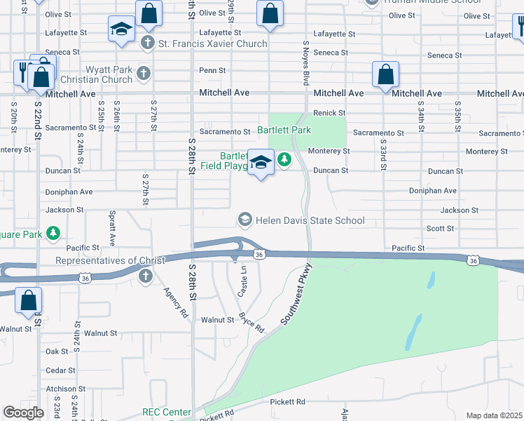 map of restaurants, bars, coffee shops, grocery stores, and more near 2900 Duncan Street in Saint Joseph