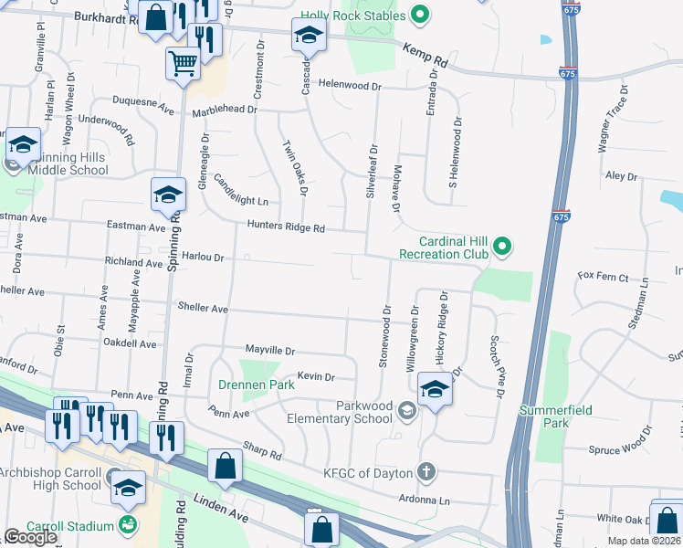 map of restaurants, bars, coffee shops, grocery stores, and more near 5950 Ivy Ridge Road in Dayton
