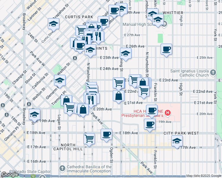 map of restaurants, bars, coffee shops, grocery stores, and more near 2201 North Ogden Street in Denver