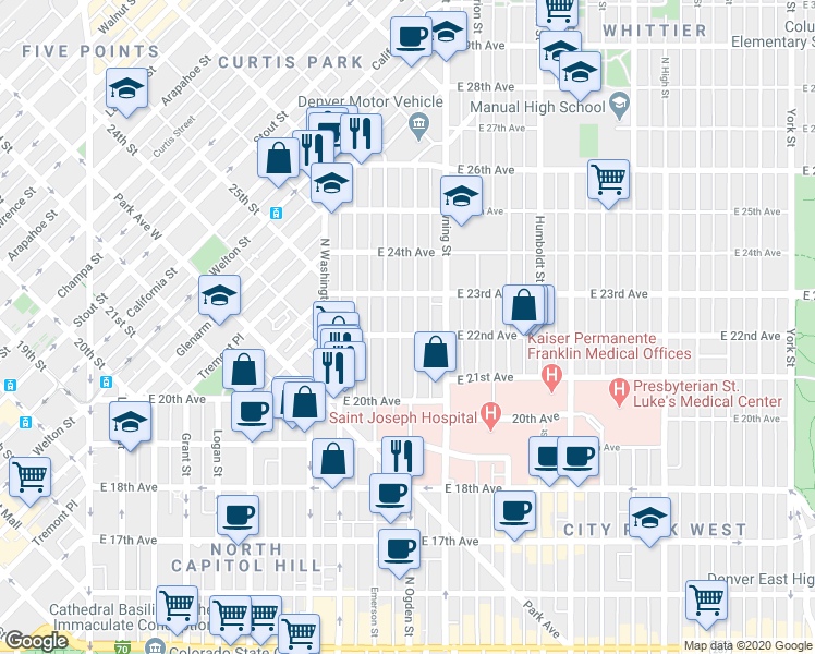 map of restaurants, bars, coffee shops, grocery stores, and more near 2201 North Ogden Street in Denver