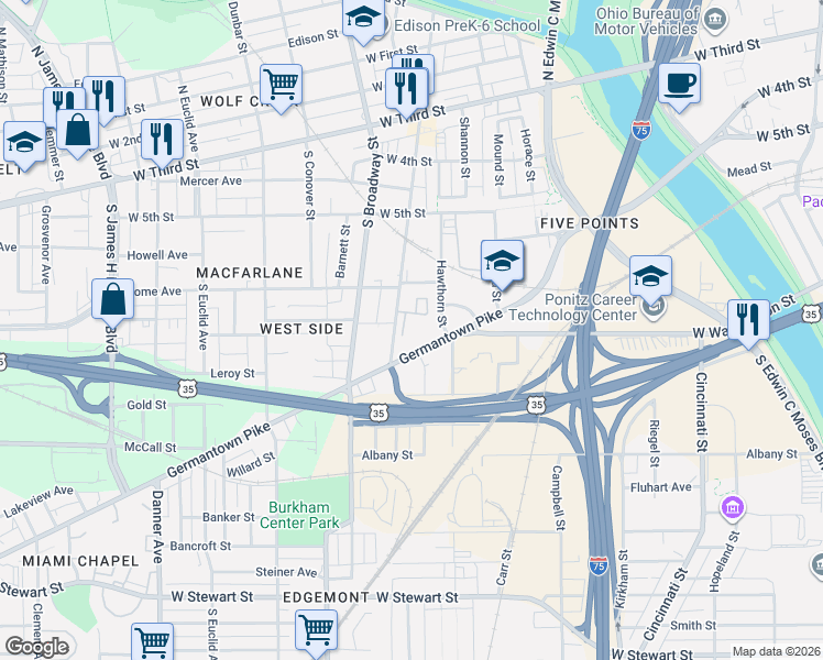 map of restaurants, bars, coffee shops, grocery stores, and more near 2 Kosmo Drive in Dayton