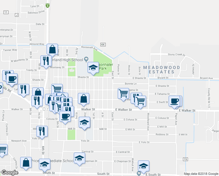 map of restaurants, bars, coffee shops, grocery stores, and more near 6 Tehama Street in Orland
