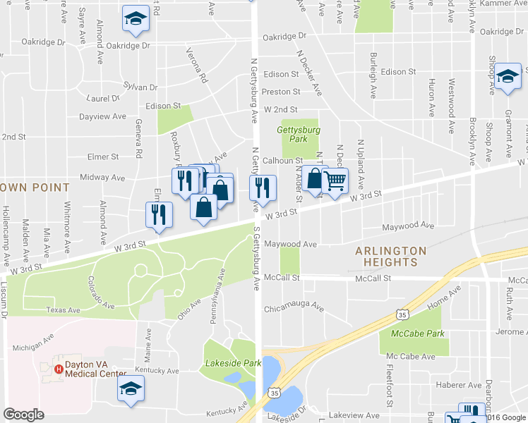 map of restaurants, bars, coffee shops, grocery stores, and more near 4023 West 3rd Street in Dayton