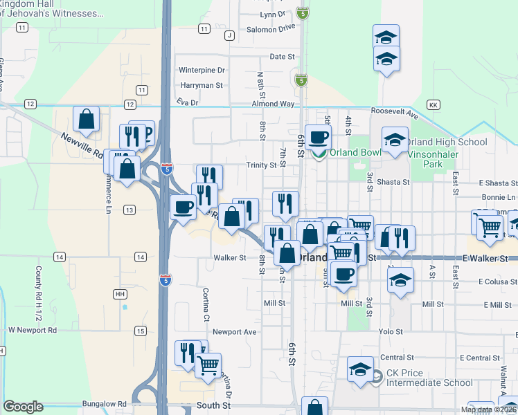 map of restaurants, bars, coffee shops, grocery stores, and more near 718 Tehama Street in Orland