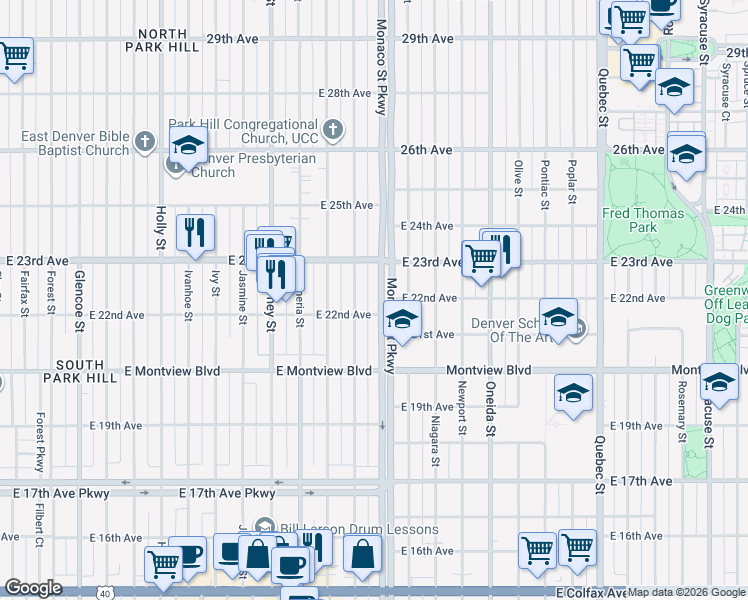 map of restaurants, bars, coffee shops, grocery stores, and more near 2245 North Monaco Parkway in Denver