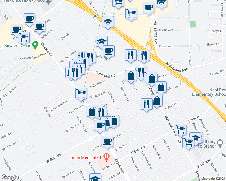 map of restaurants, bars, coffee shops, grocery stores, and more near 2038 Laburnum Avenue in Chico