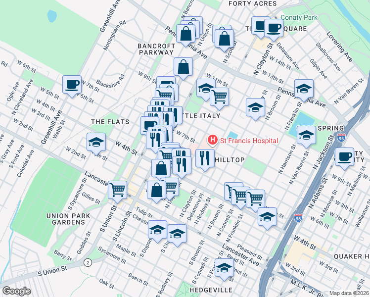 map of restaurants, bars, coffee shops, grocery stores, and more near in Wilmington