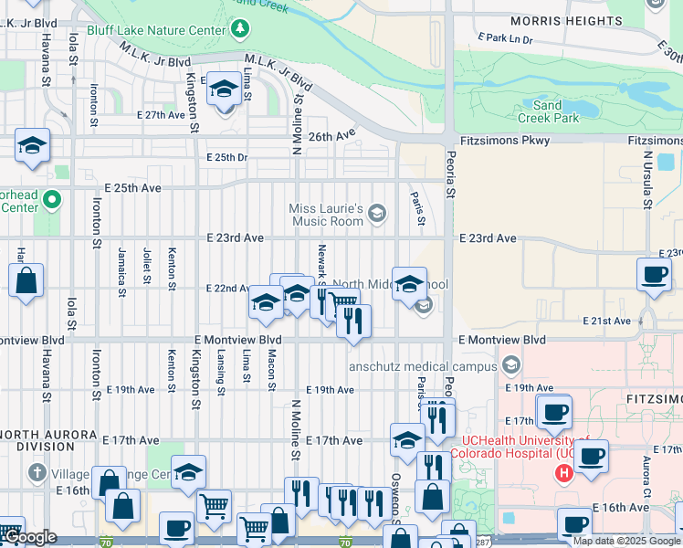 map of restaurants, bars, coffee shops, grocery stores, and more near 2211 Nome Street in Aurora
