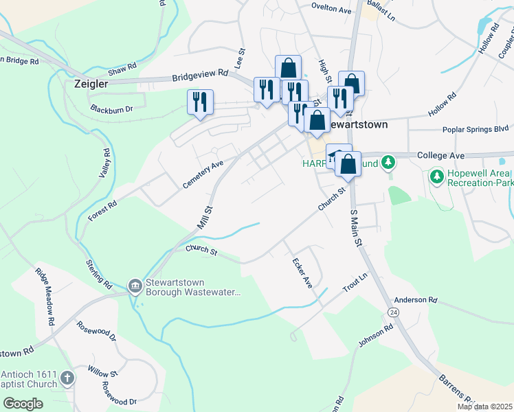 map of restaurants, bars, coffee shops, grocery stores, and more near 118 Shawnee Drive in Stewartstown