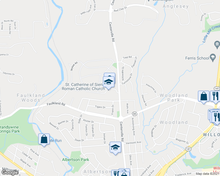 map of restaurants, bars, coffee shops, grocery stores, and more near 2501 Centerville Road in Wilmington