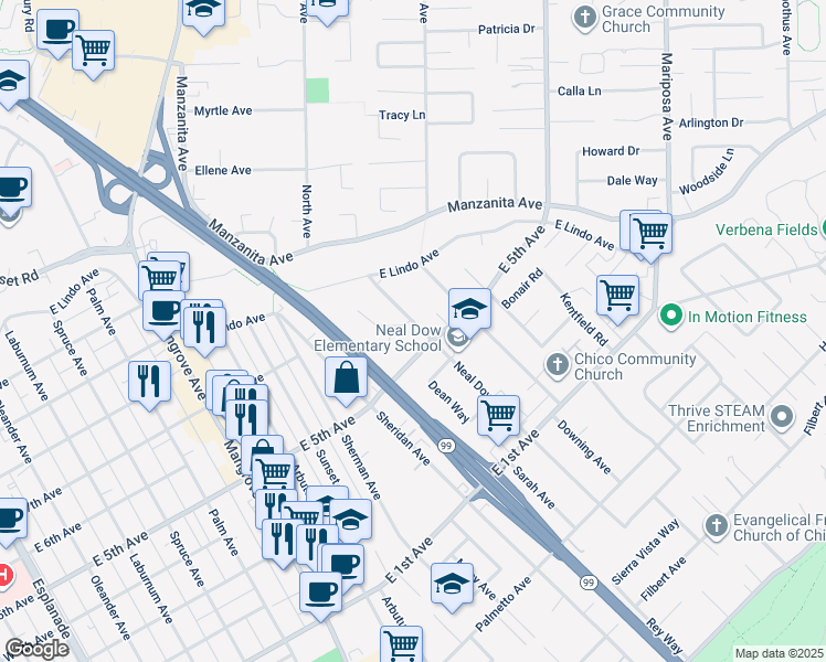 map of restaurants, bars, coffee shops, grocery stores, and more near 1603 Plumas Way in Chico