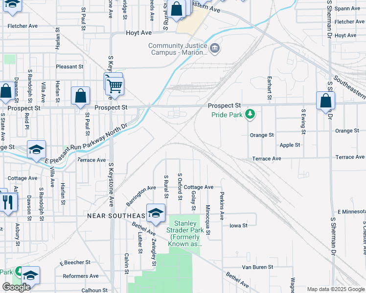 map of restaurants, bars, coffee shops, grocery stores, and more near 1215 South Oxford Street in Indianapolis