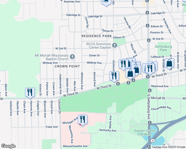 map of restaurants, bars, coffee shops, grocery stores, and more near 4602 Cummings Court in Dayton