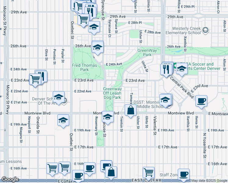 map of restaurants, bars, coffee shops, grocery stores, and more near 2002 Spruce Street in Denver