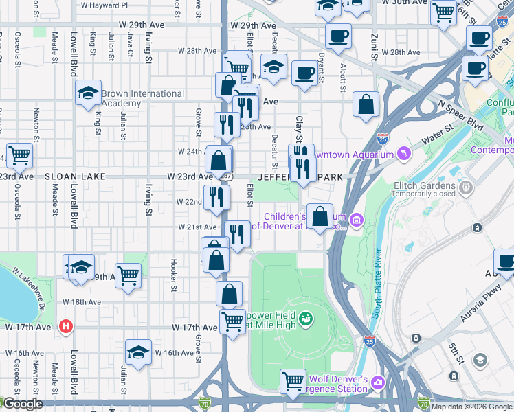 map of restaurants, bars, coffee shops, grocery stores, and more near 2195 Decatur Street in Denver