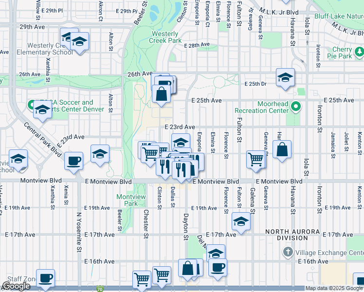 map of restaurants, bars, coffee shops, grocery stores, and more near 2201 Dayton Street in Aurora