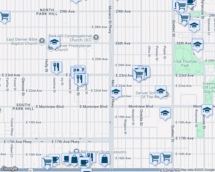 map of restaurants, bars, coffee shops, grocery stores, and more near 2245 North Monaco Parkway in Denver