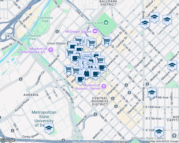 map of restaurants, bars, coffee shops, grocery stores, and more near 1645 Larimer Street in Denver