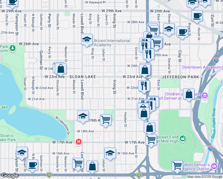 map of restaurants, bars, coffee shops, grocery stores, and more near 2201 Irving Street in Denver