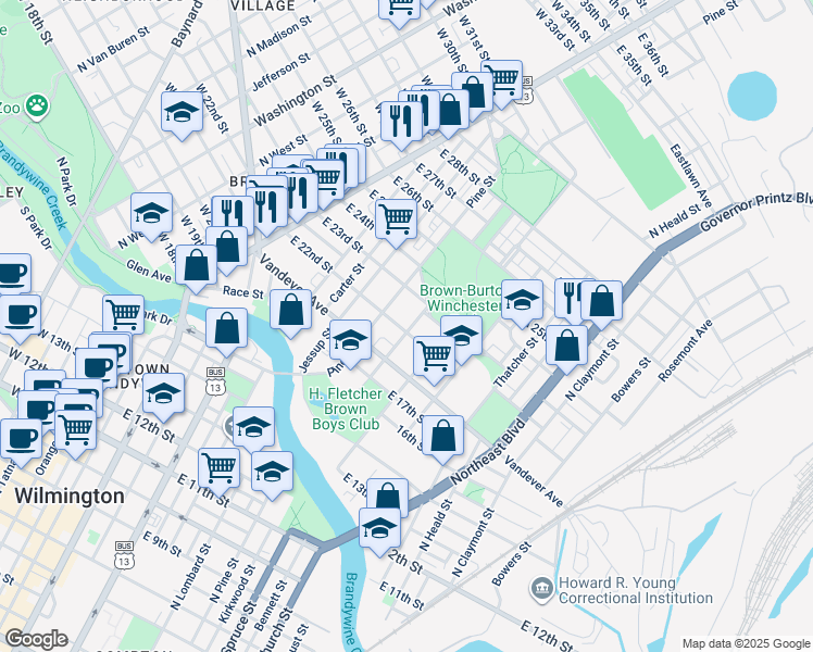 map of restaurants, bars, coffee shops, grocery stores, and more near 603 East 22nd Street in Wilmington