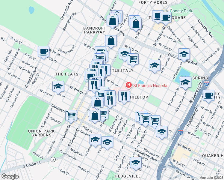 map of restaurants, bars, coffee shops, grocery stores, and more near in Wilmington