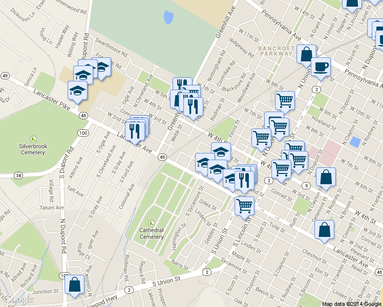 map of restaurants, bars, coffee shops, grocery stores, and more near 2411 West 2nd Street in Wilmington