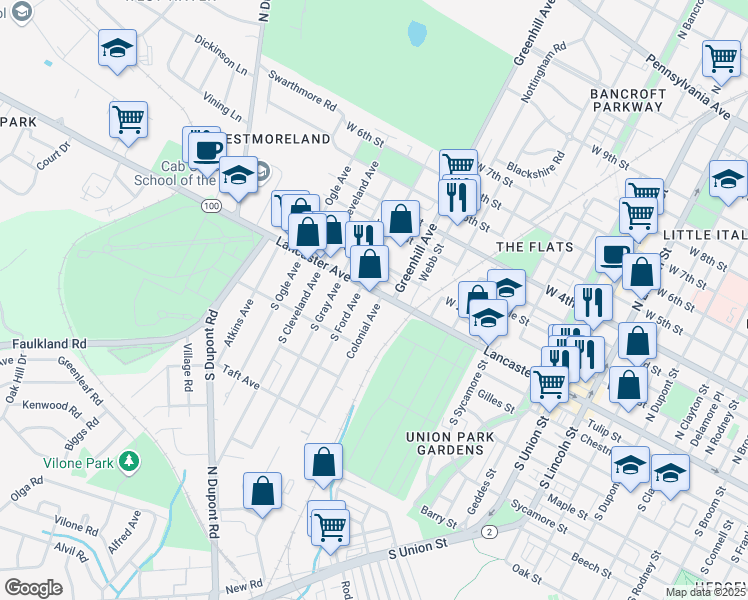 map of restaurants, bars, coffee shops, grocery stores, and more near in Wilmington