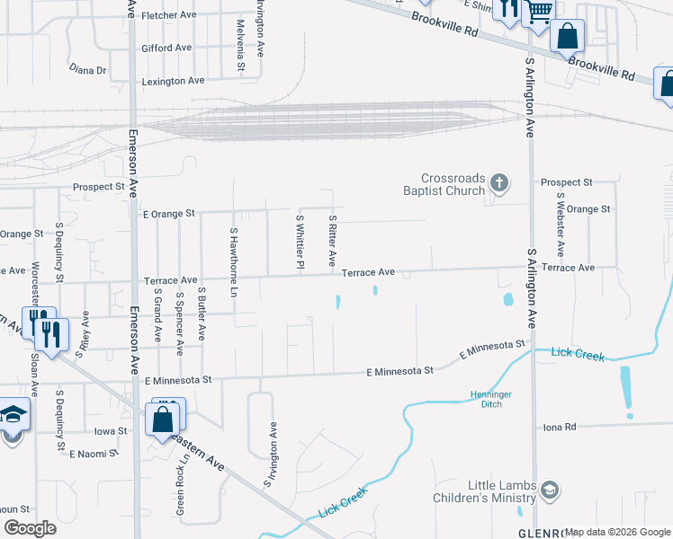 map of restaurants, bars, coffee shops, grocery stores, and more near 5514 Terrace Avenue in Indianapolis