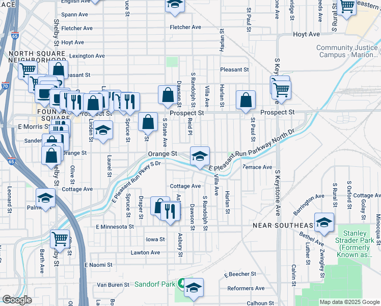 map of restaurants, bars, coffee shops, grocery stores, and more near 1824 Orange Street in Indianapolis