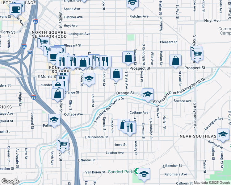 map of restaurants, bars, coffee shops, grocery stores, and more near 1622 Orange Street in Indianapolis