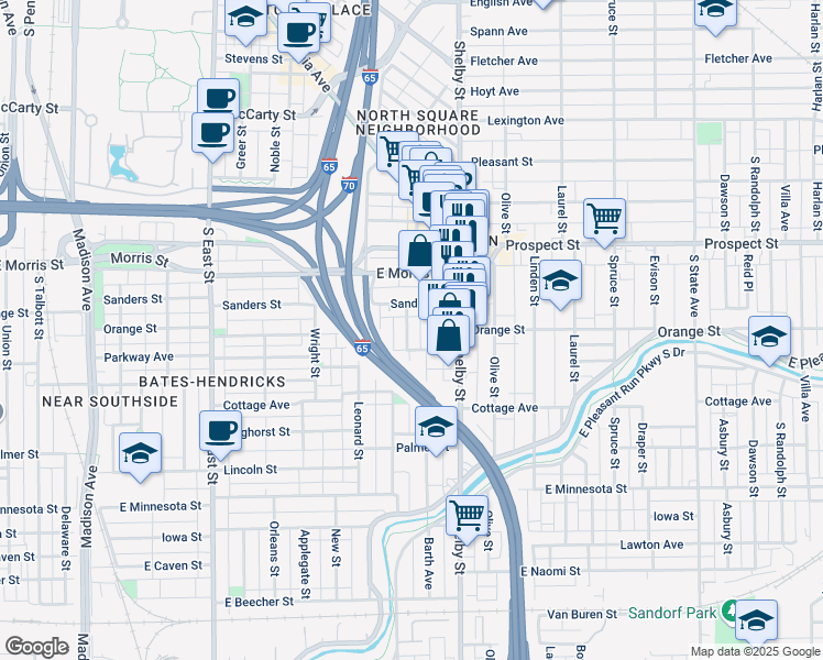 map of restaurants, bars, coffee shops, grocery stores, and more near 1248 Ringgold Avenue in Indianapolis