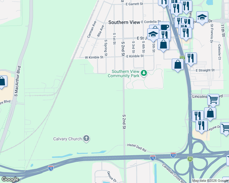 map of restaurants, bars, coffee shops, grocery stores, and more near 3617-3667 South 2nd Street in Springfield