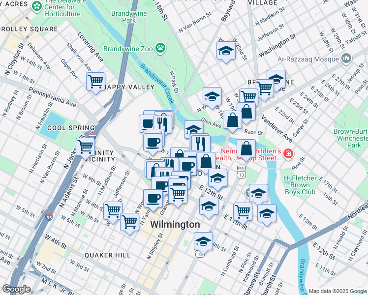 map of restaurants, bars, coffee shops, grocery stores, and more near 119 Winchester Place in Wilmington