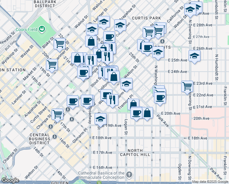 map of restaurants, bars, coffee shops, grocery stores, and more near 2100 Welton Street in Denver