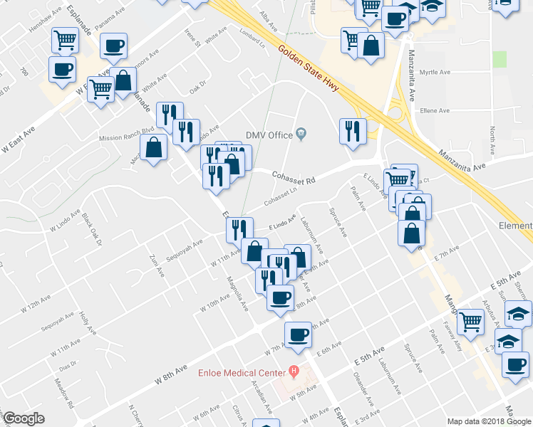 map of restaurants, bars, coffee shops, grocery stores, and more near 185 Cohasset Lane in Chico
