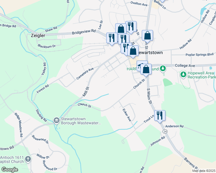 map of restaurants, bars, coffee shops, grocery stores, and more near 118 Shawnee Drive in Stewartstown