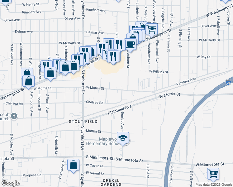 map of restaurants, bars, coffee shops, grocery stores, and more near 5045 W Morris St in Indianapolis