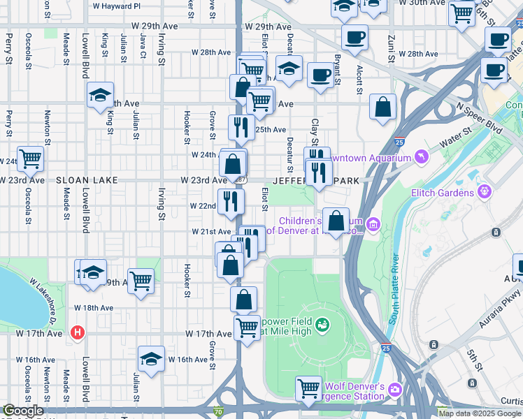 map of restaurants, bars, coffee shops, grocery stores, and more near 2151 Eliot Street in Denver