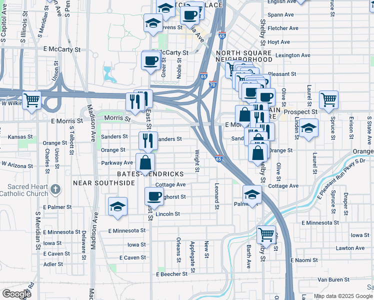 map of restaurants, bars, coffee shops, grocery stores, and more near 736 Orange Street in Indianapolis