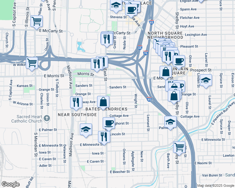 map of restaurants, bars, coffee shops, grocery stores, and more near 618 Orange Street in Indianapolis